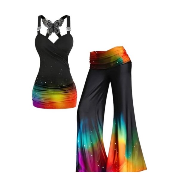 Womens XL Rainbow Galaxy Butterfly Strap Top & Wide Leg Pants Set - Picture 2 of 11
